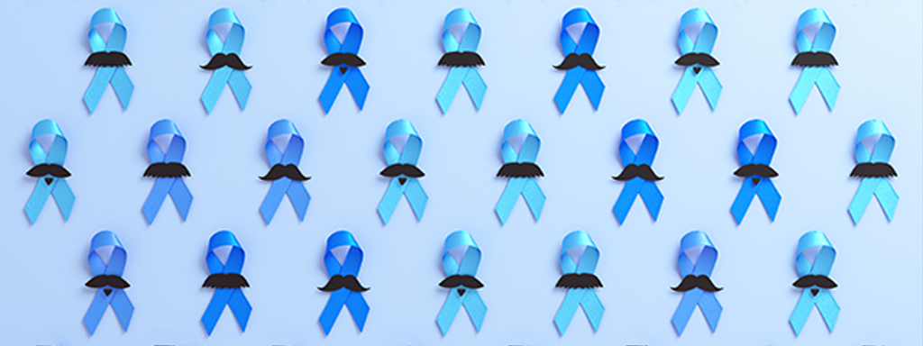 pattern of blue ribbons with moustaches for prostate cancer awareness month