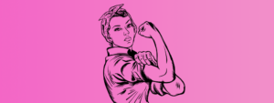 Pink and black illustration of Rosie the Riveter